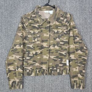 Rainforest Cafe Jacket Womens L Green Brown Houndstooth Camo Snap Button Crop